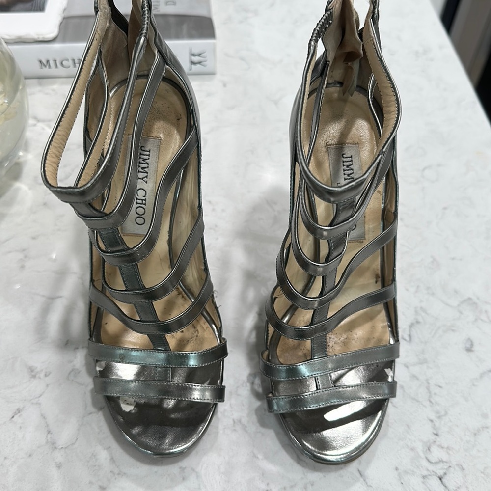 Jimmy Choo metallic gunmetal strappy heels, size 35.5. Beautiful!